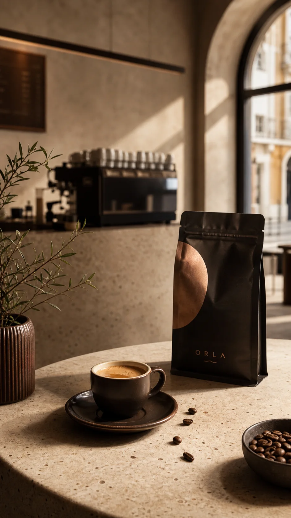 Embalagem e xícara de café ORLA em um ambiente iluminado pelo sol