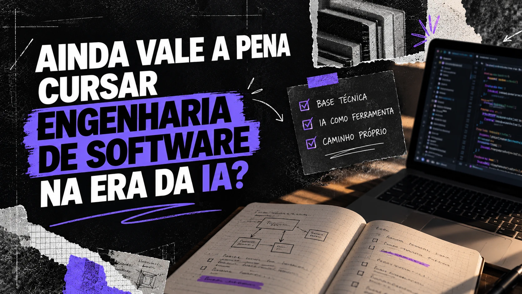 Capa com a pergunta “Ainda vale a pena cursar Engenharia de Software na era da IA?” ao lado de um notebook com código e um caderno de planejamento