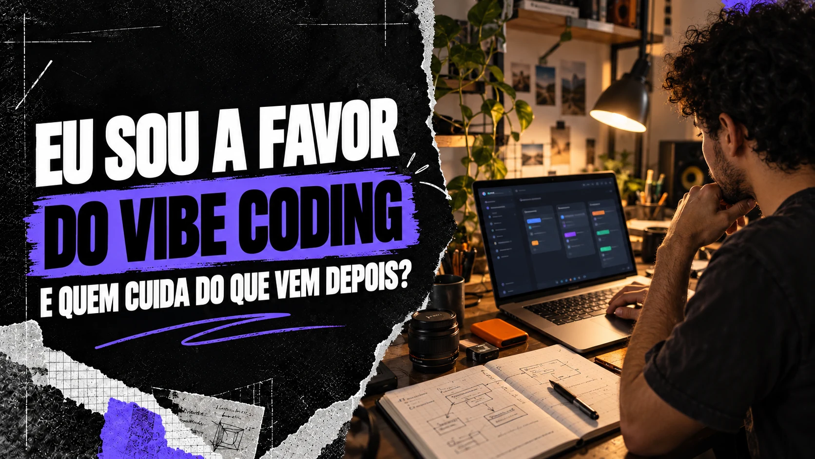 Capa com a frase “Eu sou a favor do vibe coding” e um desenvolvedor freelancer trabalhando em uma aplicação.