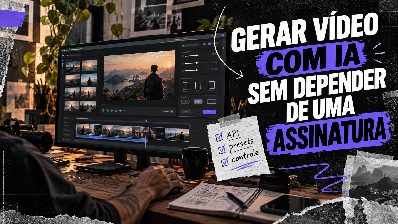 Interface de geração e edição de vídeo com uma timeline, ao lado do título Gerar vídeo com IA sem depender de uma assinatura