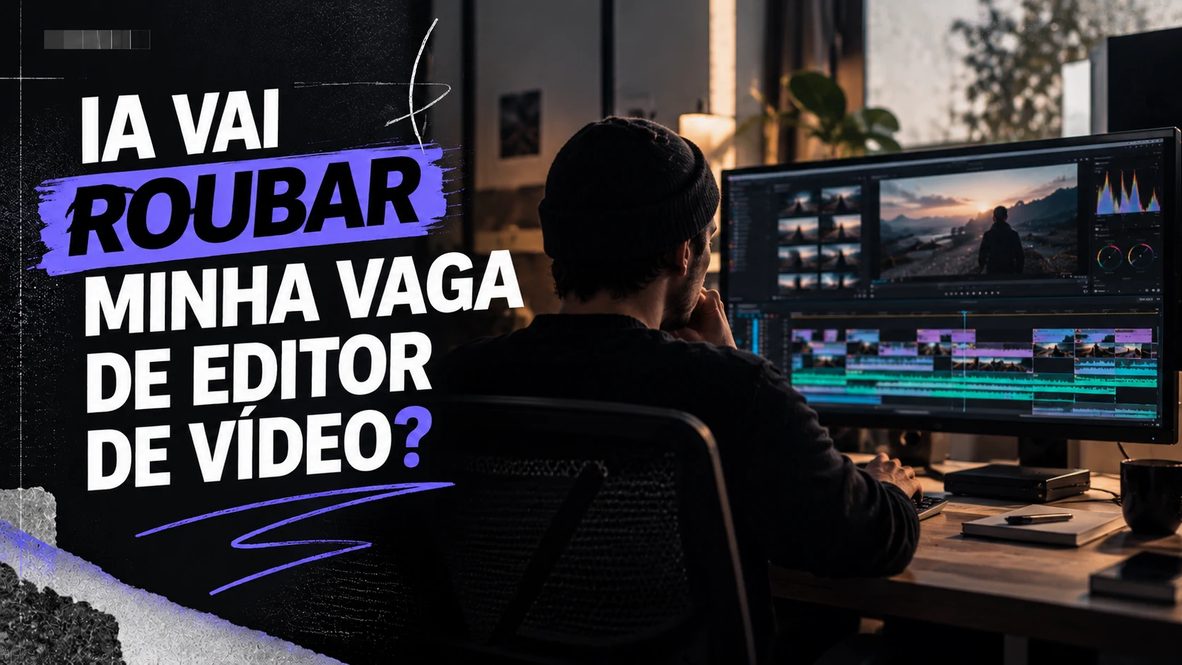 Editor de vídeo diante da timeline de edição, ao lado do título IA vai roubar minha vaga de editor de vídeo?