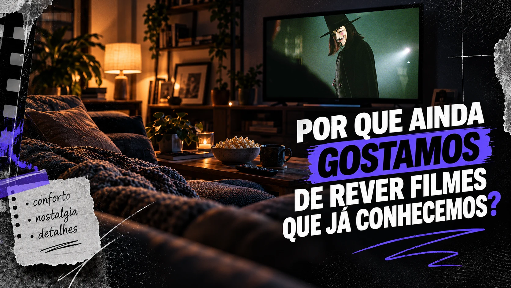 Sala aconchegante com uma pessoa revendo V de Vingança na televisão e uma anotação sobre conforto, nostalgia e detalhes